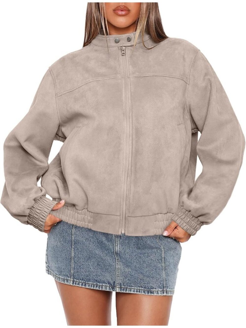 Women's Apricot Suede Baggy Oversized Zip Up Classic Motorcycle Bomber Jacket